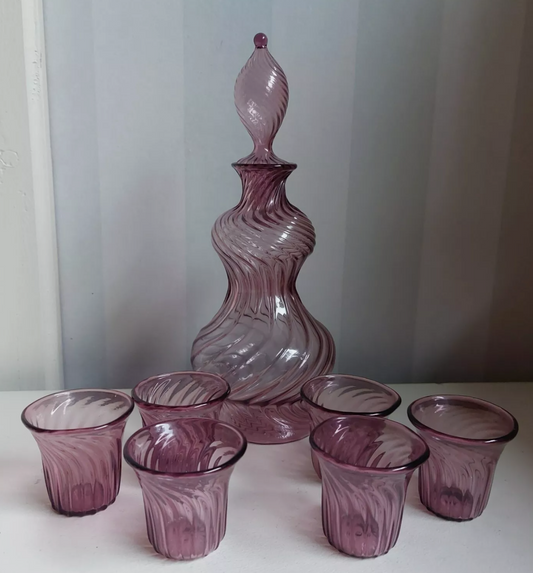 Lauscha Shot /Liqueur/Cordial Glasses Set+ Carafe – Ribbed Design, Vintage