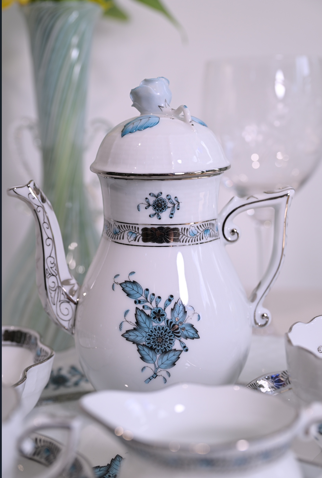 Herend Apponyi Mocha Set for Two – Hand-Painted with Silver Trim, Rare Color Variant