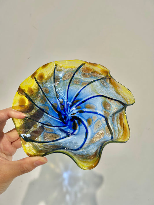 Italy Murano Art Glass Fruit Bowl – Blue to Amber Gradient, Wave-Edged