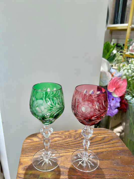 German Colored Cut Crystal Wine Glass – Hand-Cut Rose Motif, Brilliant & Substantial