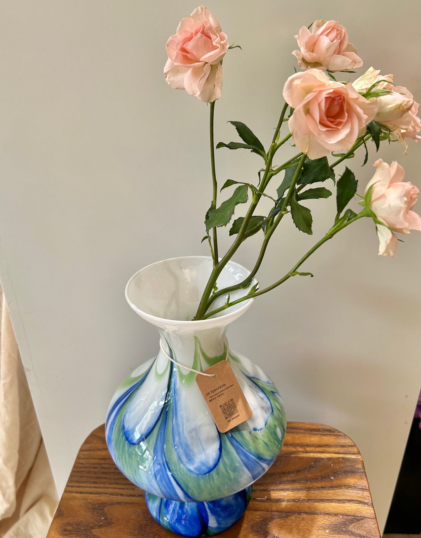 Murano Hand-Blown Glass Vase – Blue-Green Gradient with White Neck