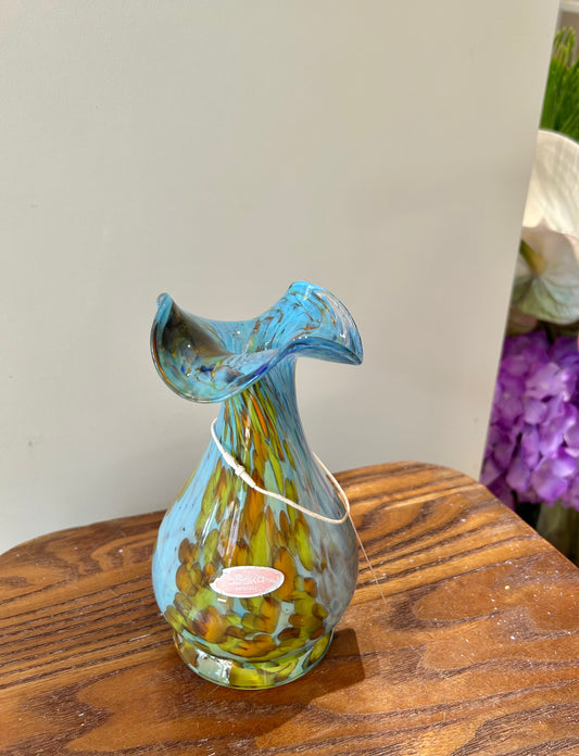 Joska Hand-Blown Art Glass Vase – Blue, Green & Yellow Gradient with Wavy Neck