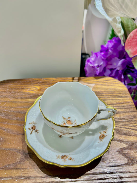 German Lindner Rococo-Style Coffee Cup – 22k Gilded Relief with Brown Floral Accents