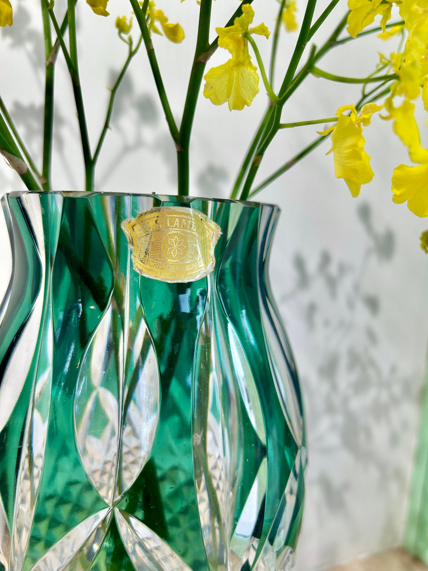 Val Saint Lambert Signed Green Crystal Vase – Diamond Cut Base, 34cm