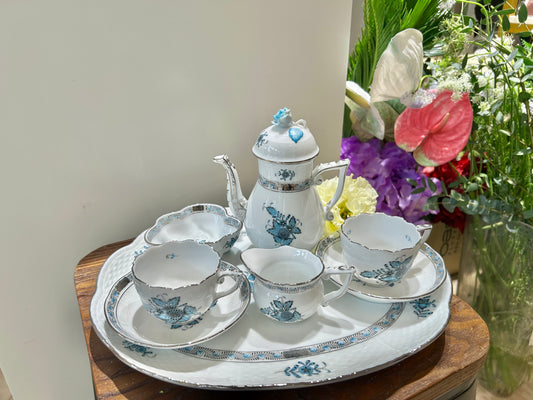 Herend Apponyi Mocha Set for Two – Hand-Painted with Silver Trim, Rare Color Variant