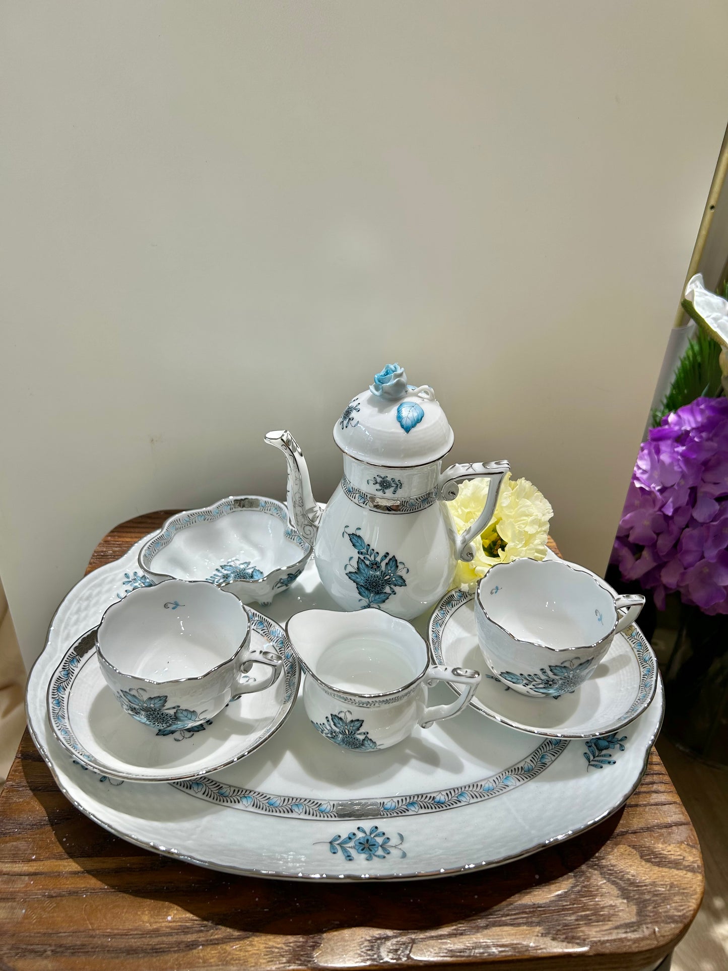 Herend Apponyi Mocha Set for Two – Hand-Painted with Silver Trim, Rare Color Variant