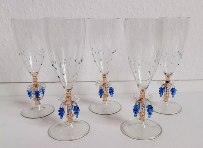 Antique Handcrafted Lauscha Sektflöten with Grape and Dot Design Champagne Glasses