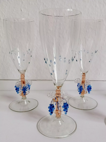 Antique Handcrafted Lauscha Sektflöten with Grape and Dot Design Champagne Glasses