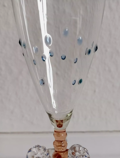 Antique Handcrafted Lauscha Sektflöten with Grape and Dot Design Champagne Glasses
