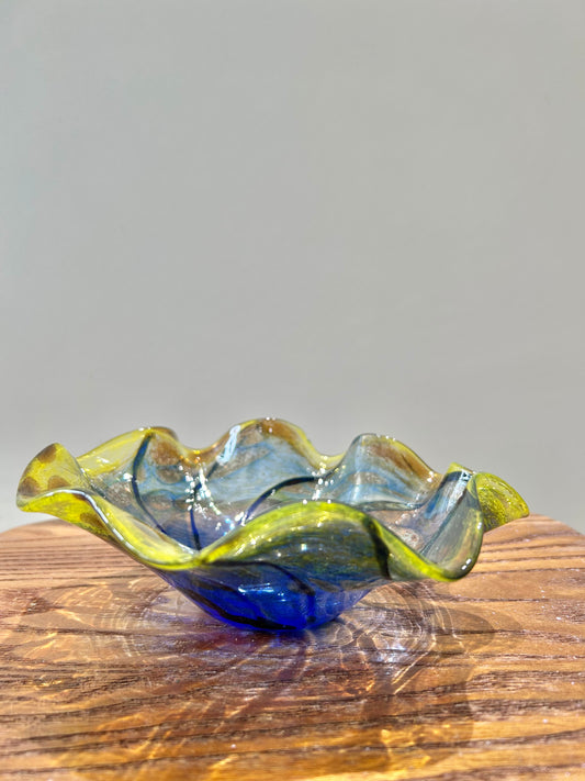 Italy Murano Art Glass Fruit Bowl – Blue to Amber Gradient, Wave-Edged
