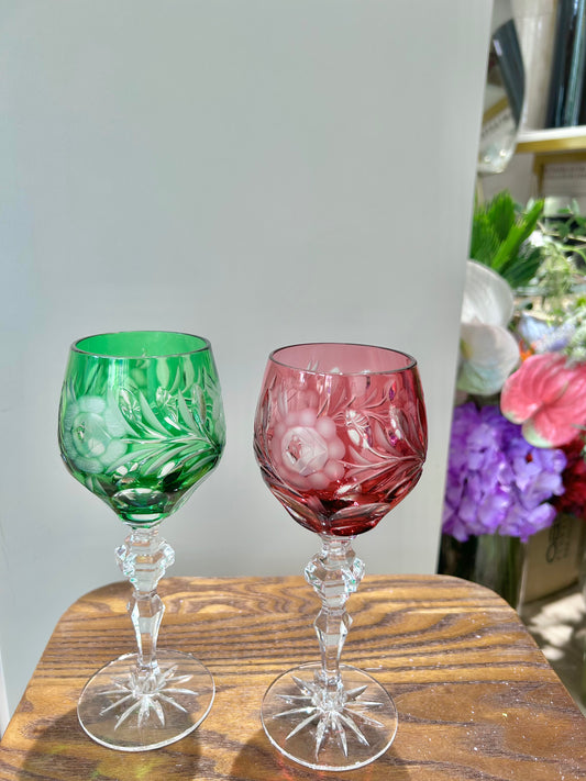 German Colored Cut Crystal Wine Glass – Hand-Cut Rose Motif, Brilliant & Substantial