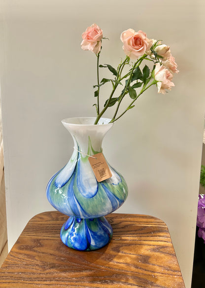 Murano Hand-Blown Glass Vase – Blue-Green Gradient with White Neck