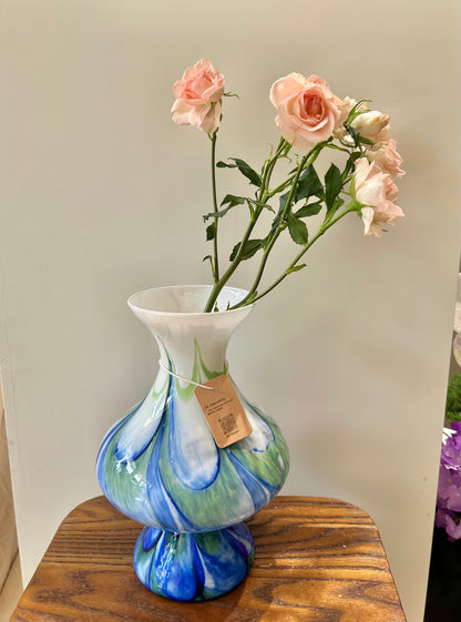 Murano Hand-Blown Glass Vase – Blue-Green Gradient with White Neck