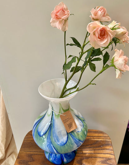 Murano Hand-Blown Glass Vase – Blue-Green Gradient with White Neck