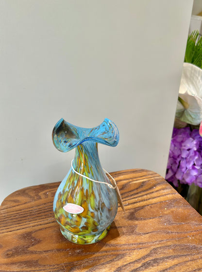 Joska Hand-Blown Art Glass Vase – Blue, Green & Yellow Gradient with Wavy Neck