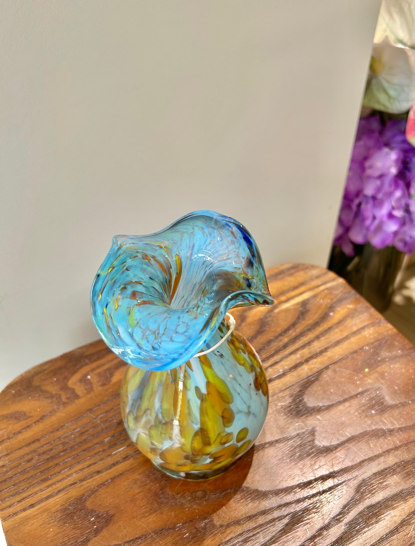 Joska Hand-Blown Art Glass Vase – Blue, Green & Yellow Gradient with Wavy Neck