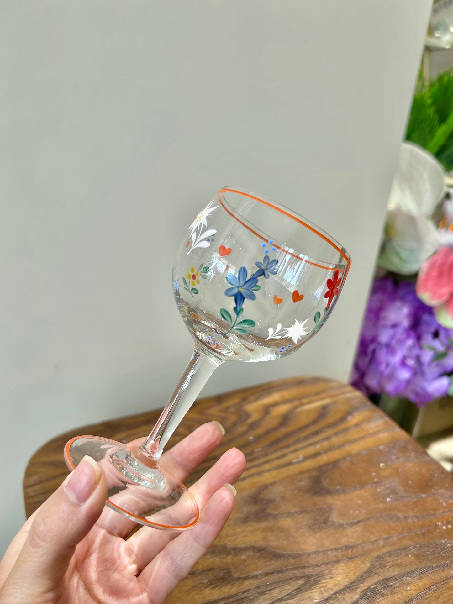 Hand-Painted German Glass Wine Goblet – 1960s Artful Details, Everyday Elegance