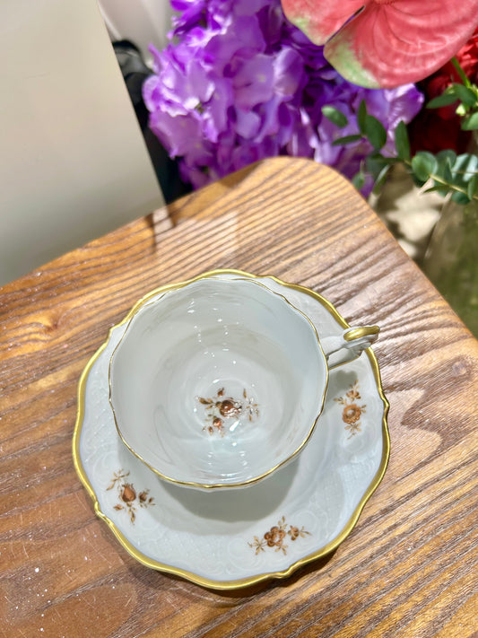 German Lindner Rococo-Style Coffee Cup – 22k Gilded Relief with Brown Floral Accents
