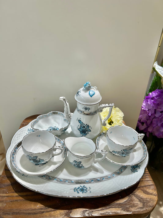 Herend Apponyi Mocha Set for Two – Hand-Painted with Silver Trim, Rare Color Variant