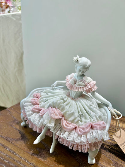 Germany Volksstedt Lace Porcelain Figurine – Seated Lady on Settee· Rococo Revival Elegance