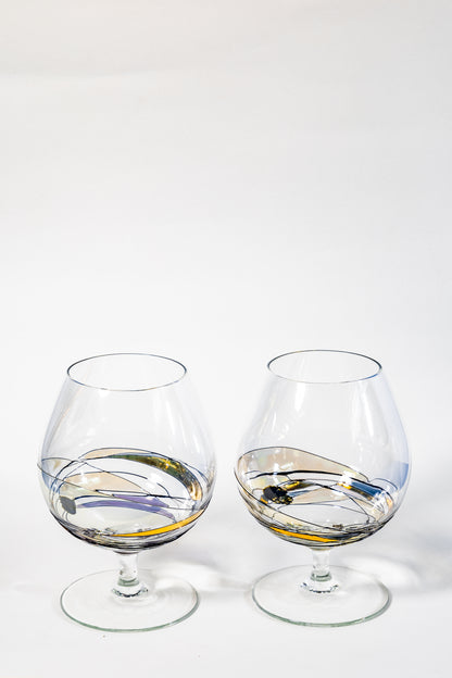 “Aurora Spirale” Art Glass Cognac Snifter Pair