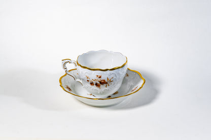 German Lindner Rococo-Style Coffee Cup – 22k Gilded Relief with Brown Floral Accents