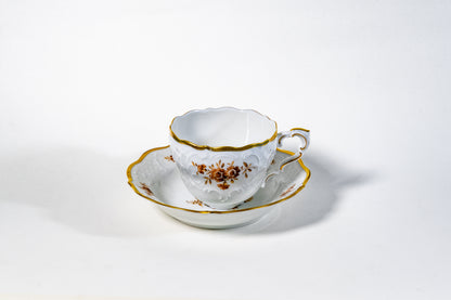 German Lindner Rococo-Style Coffee Cup – 22k Gilded Relief with Brown Floral Accents