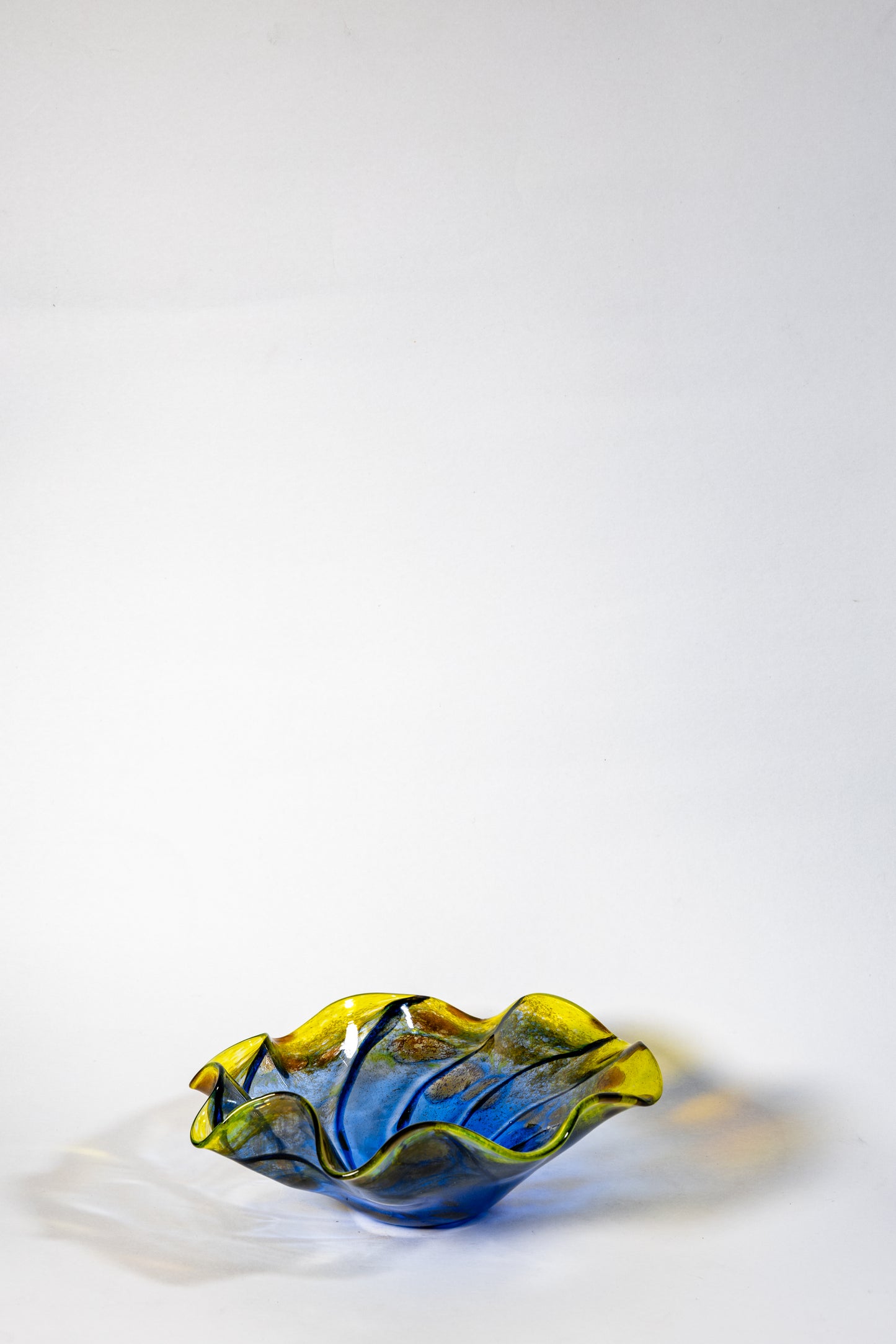 Italy Murano Art Glass Fruit Bowl – Blue to Amber Gradient, Wave-Edged