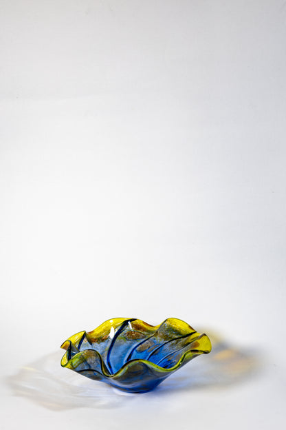 Italy Murano Art Glass Fruit Bowl – Blue to Amber Gradient, Wave-Edged