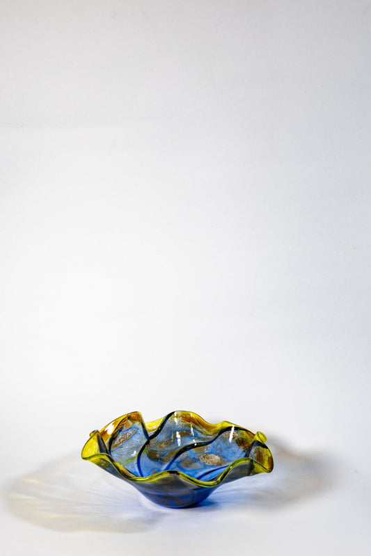 Italy Murano Art Glass Fruit Bowl – Blue to Amber Gradient, Wave-Edged