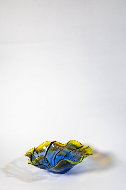 Italy Murano Art Glass Fruit Bowl – Blue to Amber Gradient, Wave-Edged