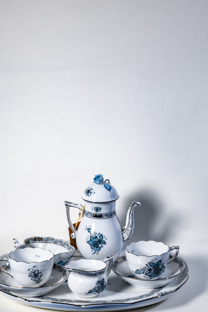 Herend Apponyi Mocha Set for Two – Hand-Painted with Silver Trim, Rare Color Variant