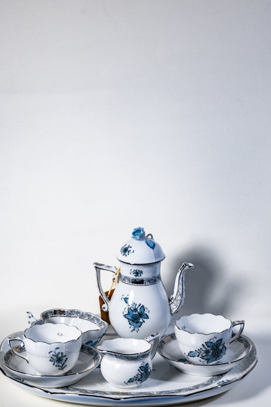 Herend Apponyi Mocha Set for Two – Hand-Painted with Silver Trim, Rare Color Variant