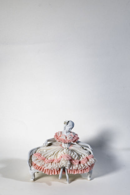 Germany Volksstedt Lace Porcelain Figurine – Seated Lady on Settee· Rococo Revival Elegance