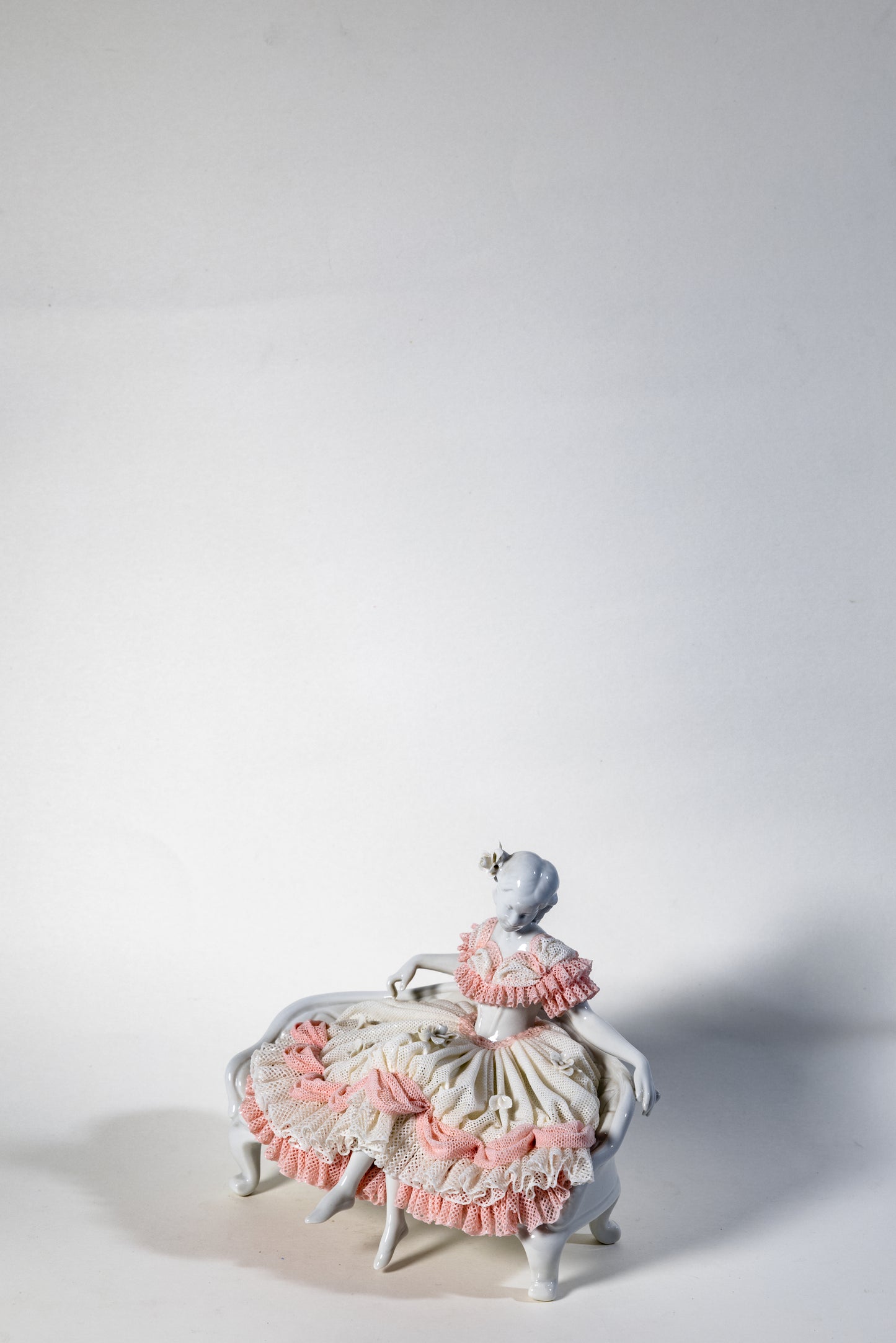 Germany Volksstedt Lace Porcelain Figurine – Seated Lady on Settee· Rococo Revival Elegance