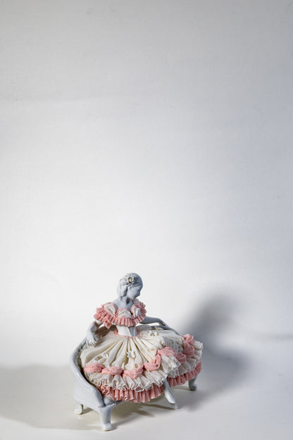 Germany Volksstedt Lace Porcelain Figurine – Seated Lady on Settee· Rococo Revival Elegance