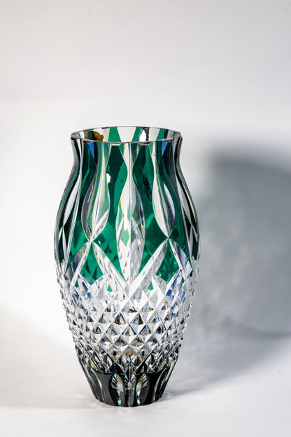 Val Saint Lambert Signed Green Crystal Vase – Diamond Cut Base, 34cm