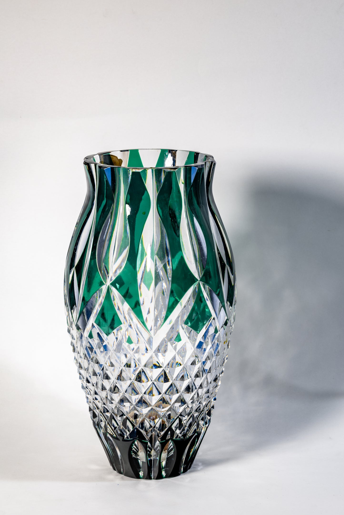 Val Saint Lambert Signed Green Crystal Vase – Diamond Cut Base, 34cm