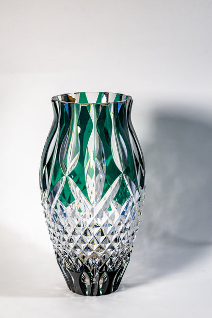 Val Saint Lambert Signed Green Crystal Vase – Diamond Cut Base, 34cm