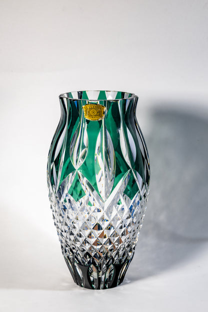 Val Saint Lambert Signed Green Crystal Vase – Diamond Cut Base, 34cm