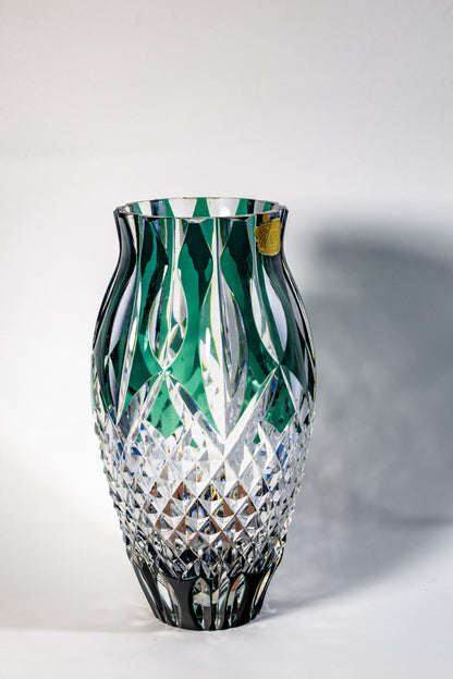 Val Saint Lambert Signed Green Crystal Vase – Diamond Cut Base, 34cm