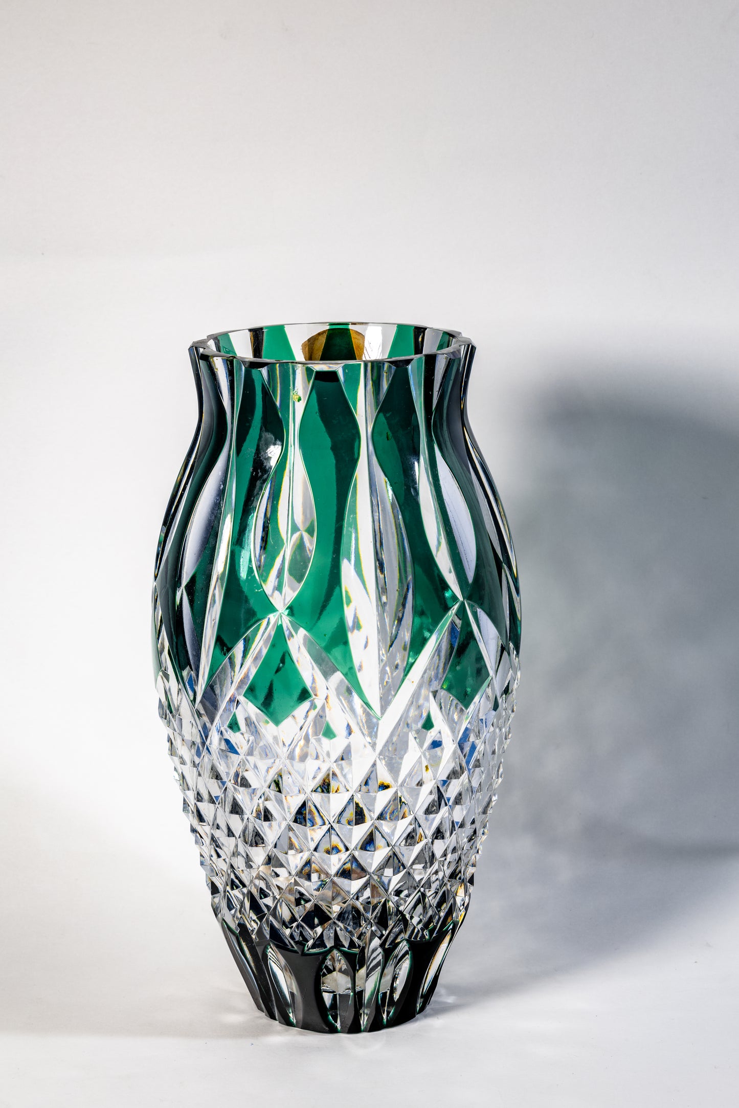 Val Saint Lambert Signed Green Crystal Vase – Diamond Cut Base, 34cm