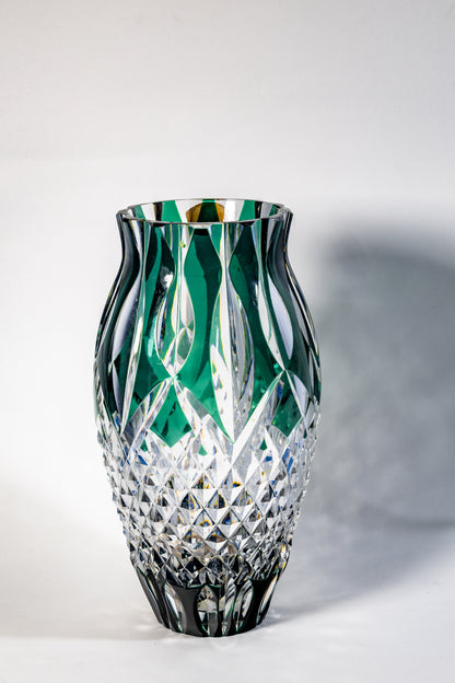 Val Saint Lambert Signed Green Crystal Vase – Diamond Cut Base, 34cm