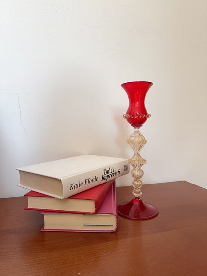 Murano Red Hand-Blown Glass Candle Holder (Signed)