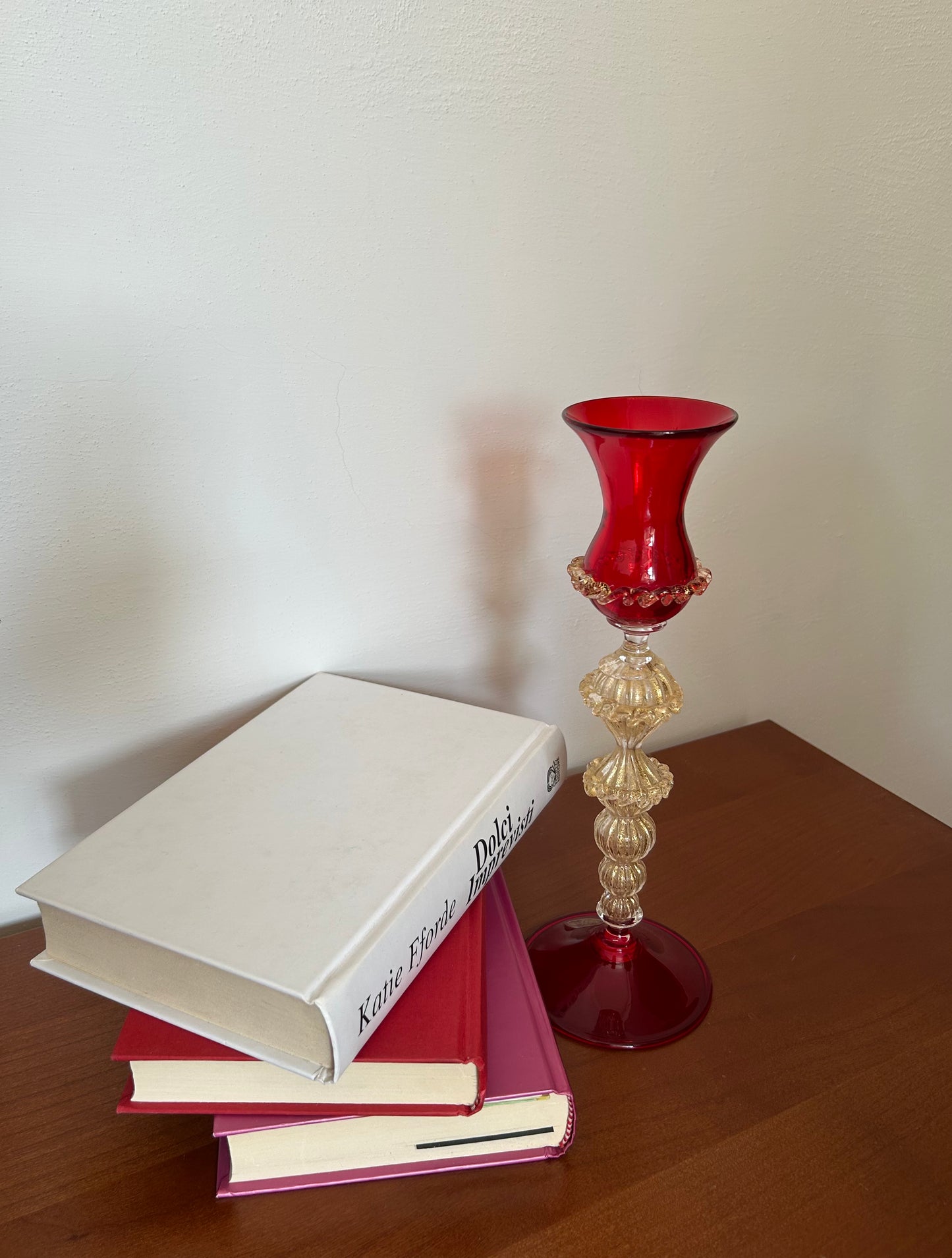 Murano Red Hand-Blown Glass Candle Holder (Signed)